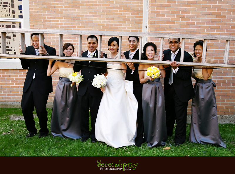 silly bridal party portrait with ladder silly bridal party portrait with ladder