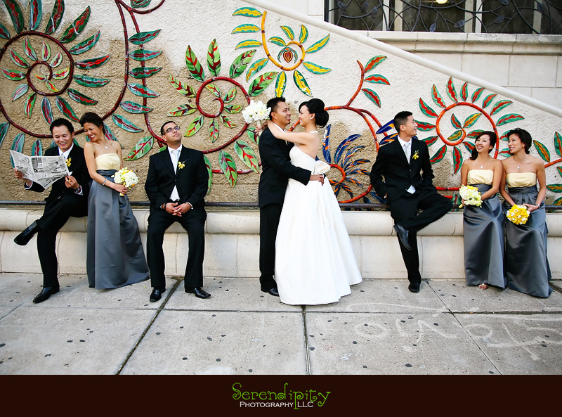bridal party portrait with colorful downtown wall bridal party portrait with colorful downtown wall