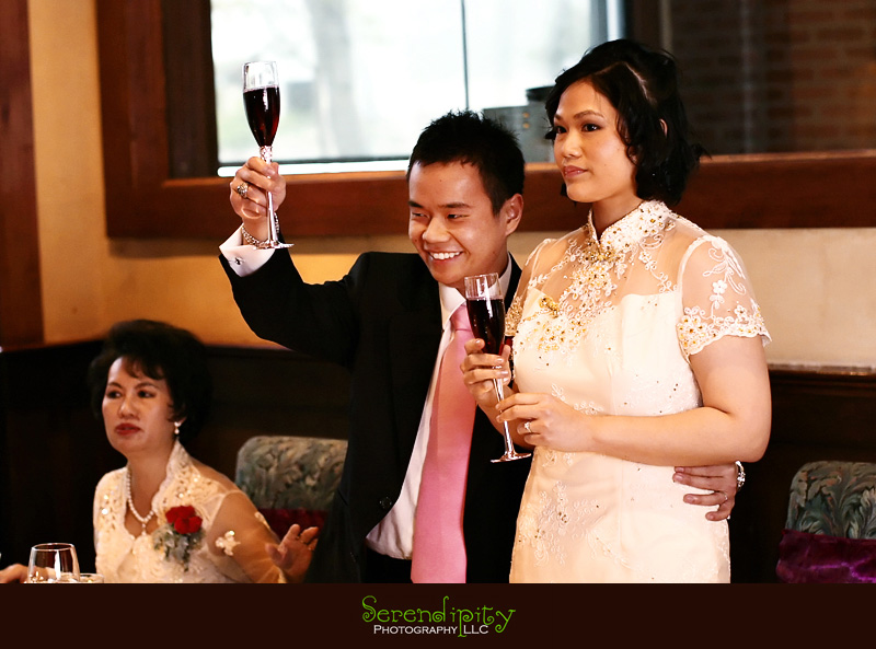 cool river, St Thomas More, bride and groom giving a toast