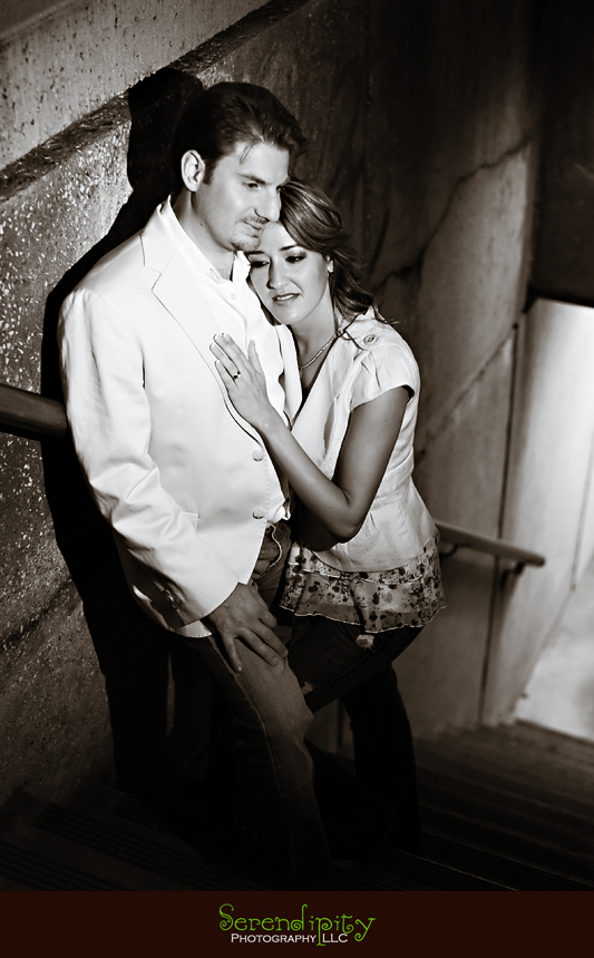 engagement session, Hermann Park, Houston Downtown, night time shot on a parking garage stairs
