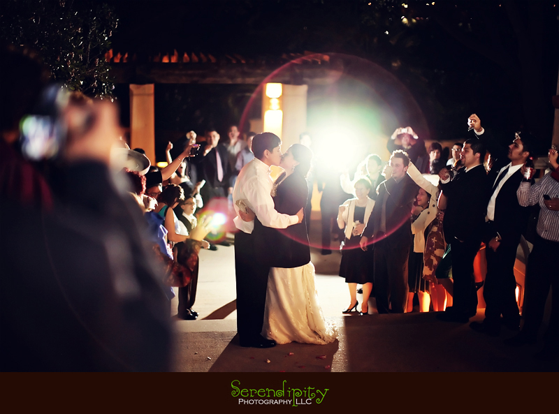 wedding reception, wedding exit, bride and groom kiss