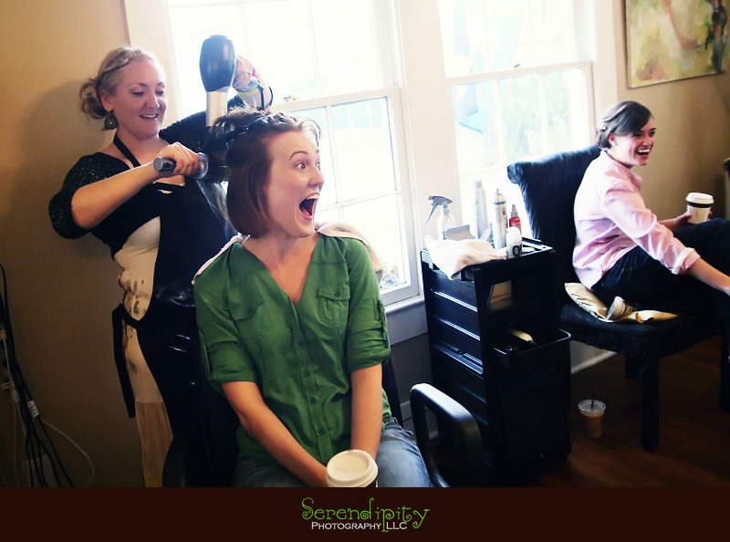 bride at salon laughing