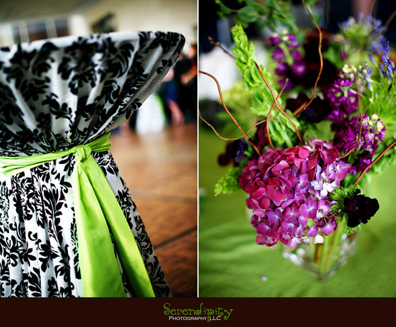 damask patterned table cloth and flowers