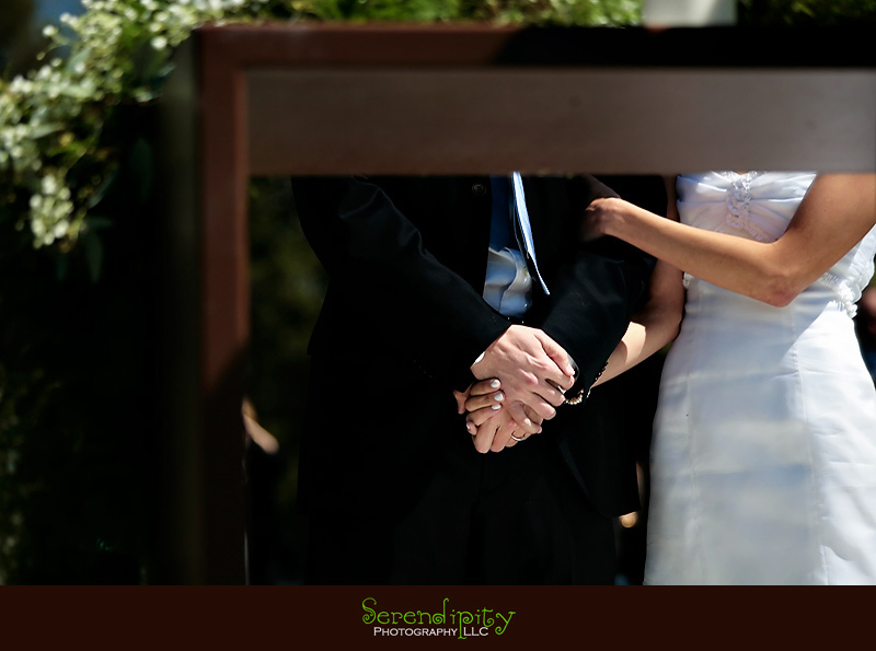 outdoor ceremony, bride and groom holding hands