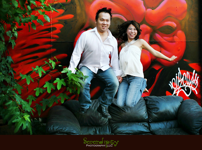 downtown houston, engagement photography, art studio, jumping on the couch