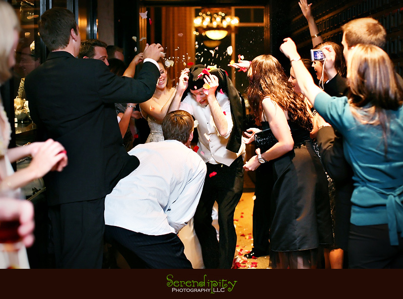 houston wedding photographer, wedding exit, petal toss, petroleum club