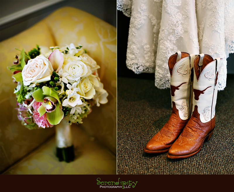 houston wedding photographer Magnolia Hotel bouquet long horn boots