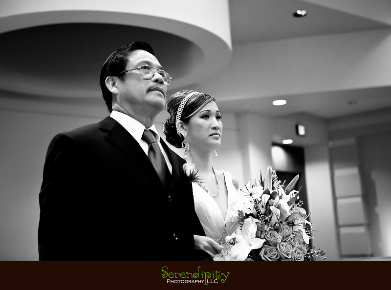 houston wedding photographer, St Edith Stein, Hotel Derek, Kim Son, bride walking down the aisle with dad