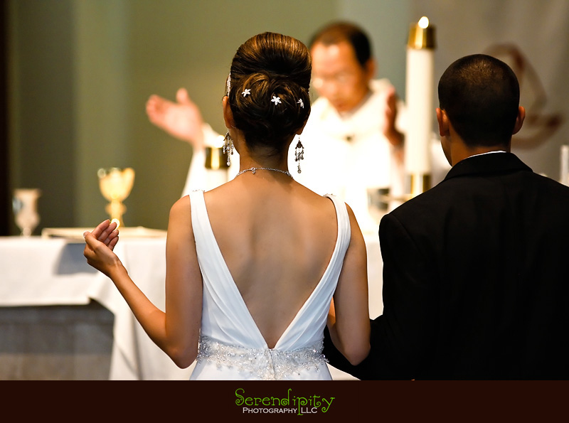 houston wedding photographer, St Edith Stein, Hotel Derek, Kim Son, during ceremony