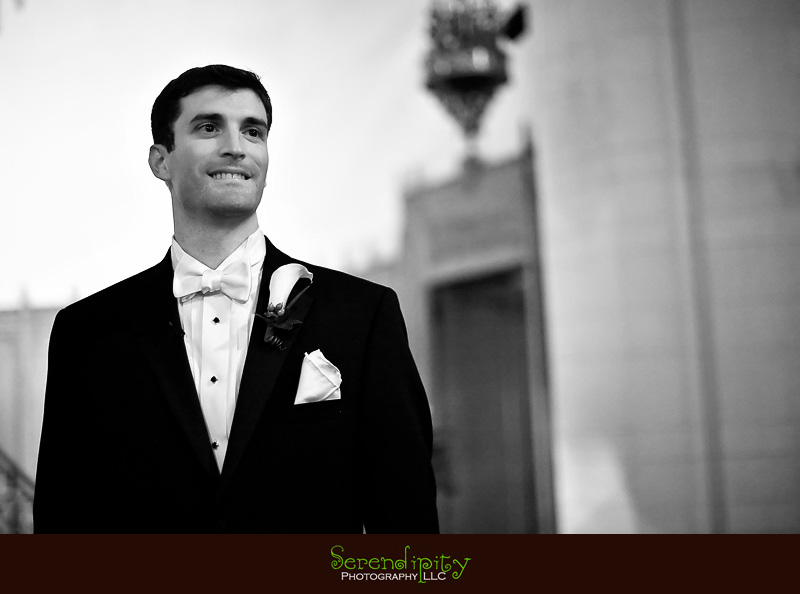Houston wedding photographer, Holy Rosary, Houston Museum of Natural Science, groom seeing bride for the first time walking down the aisle
