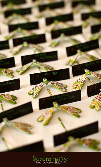 Houston wedding photographer, Vietnamese Wedding, dragonfly place cards