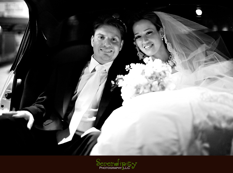 Houston wedding photographer, St George Orthodox Christian Church Ceremony, Alden Hotel Reception, bride and groom in the limo, wedding limousine