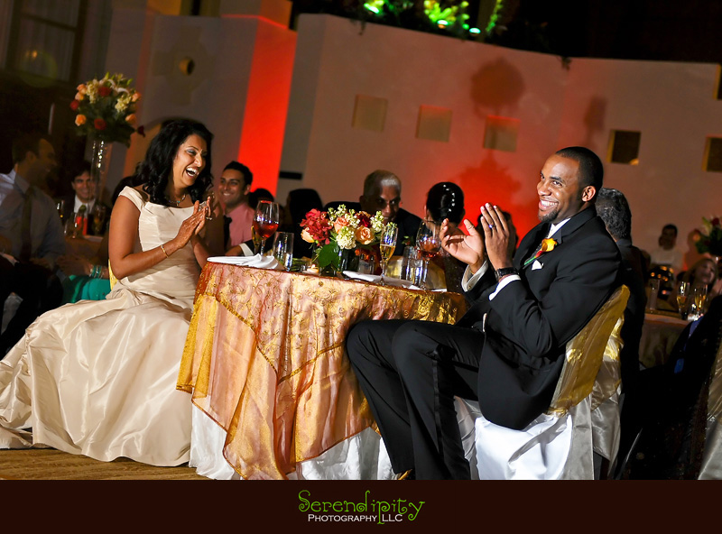 Houston Indian wedding photography, Marriott Hotel, wedding reception, bride and groom enjoying speech