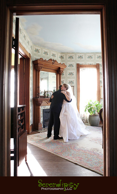 Austin wedding photography, outdoor ceremony, Barr Mansion, bride's brother hugs bride before giving her away