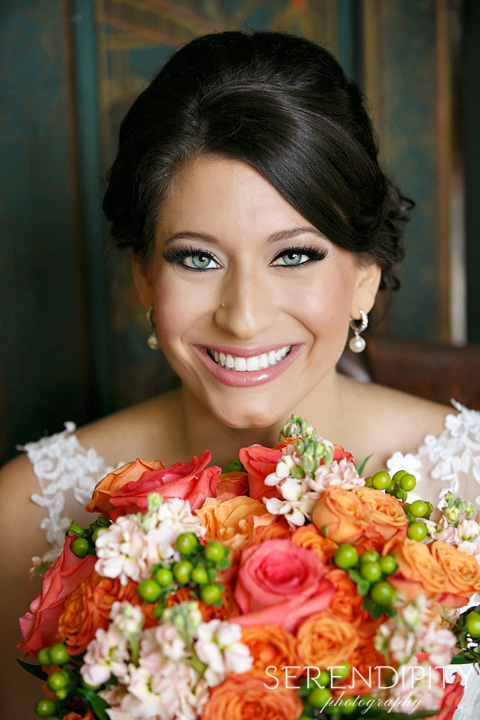 Bridal Session at Houston Country Club, Bridal Portrait, Closeup, Pink and Orange Rose Bouquet 